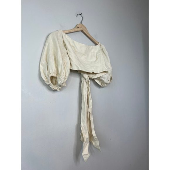 NEW Just Bee Queen Liza Bow Tie Crop Top in Linen Blend Oatmeal Cream - Picture 4 of 8